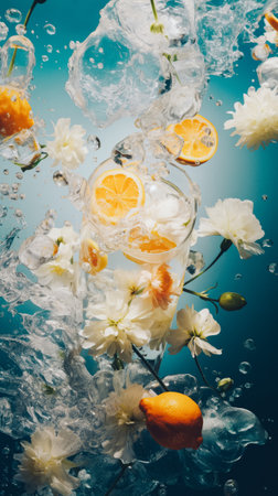 Summer exotic art concept. A fresh idea. Lemon slices, ice, drops of water and white blooming flowers. Floating on water. Composition of yellow and blue colors and transparent elements. Flat position.の素材