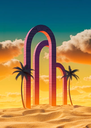 Unusual abstract concept. Gate arches in the wilderness. Sand dunes and exotic palm trees. Geometric shapes in a virtual environment. Contrasts of bright yellow and blue blue. Sunrise, white clouds.の素材