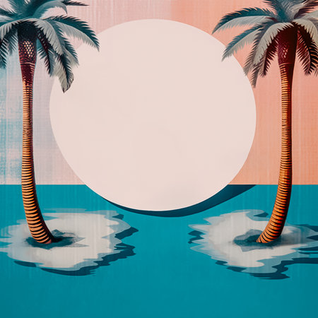 Summer vacation concept. Tropical islands. Mirror position. The islands are deserted. There is one palm tree on each island. Blurred, vintage effect. Twice. Between the two islands is a big warm sun.の素材