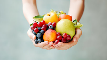A simple and natural food concept. The idea of a healthy eating. Female hands hold many different fruits. Apples, lemons, grapes and small fruits. Soft shadows, natural look. Neutral ligh background.の素材