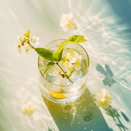 Floral concept. Decorative glass vase, flowers and leafy branches. White flowers float in space. Sun rays and light. Water drops,  bubbles in water. A refreshing idea. Summer decoration. Soft shadows.の素材