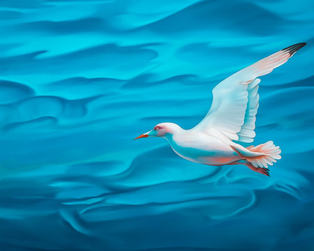 Maritime concept. A summer idea. A bird flies over the azure blue surface of the water. Blue sea and freshness. A seagull sails over the water and looks. Freshness of the sea. Water texture. Waves.の素材
