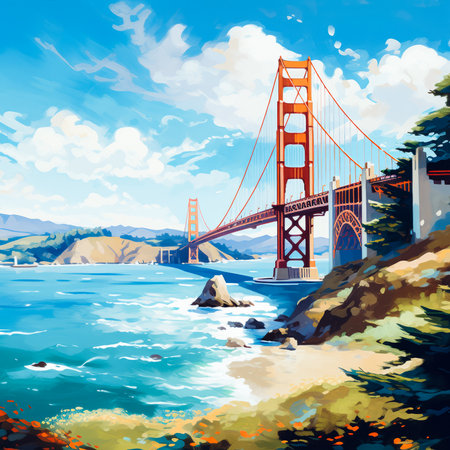 Scene from nature with a view of Golden Gate bridge. Clear blue sky with white fluffy clouds. Sea coast, water that sparkles in the sun. Rocky coast. Hills in the distance. A sunny day near San Francisco.の素材