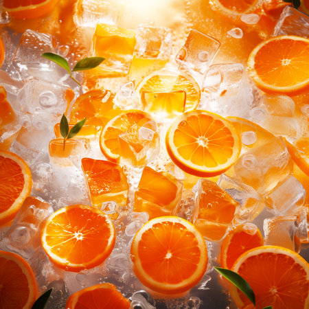 Exotic fruit concept. A juicy summer idea. Orange slices and ice cubes. Ice cubes with orange. Play of light and drops of water. A refreshing flat lay. Play of light and shadow. Warm tones. Ice cold.の素材