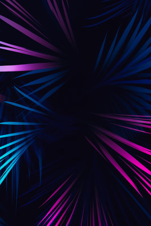 Tropical exotic concept. Neon palm leaves, on a dark background. Neon blue, bright pink, azure blue long pointed leaves. Copy space. Flat position. A night of fantasy. Interesting concept. Summer idea.の素材