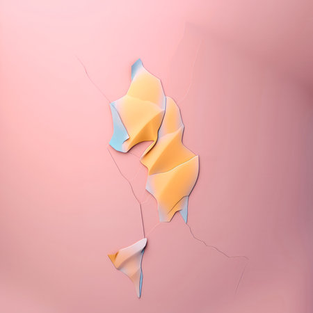 An unusual artistic concept. Virtual pastel decoration. A crack in the wall. Eggshell. Straight idea. An artistic idea. Fabric pattern, abstract.  Background is pastel powder pink. Graphic solution.の素材