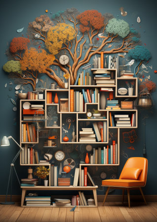 Wonderful virtual home library. Asymmetrical shelf with lots of books. Colorful books, vases, art objects, decorations. Alarm clocks, birds.  Lamp and  retro orange armchair for reading. Tree grows.の素材