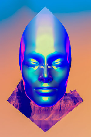 Abstract concept of human face. Anfas position. The neon face glows. Domed fantasy alien head. Ultramarine neon. Gentle facial features. Detail of red rocks. Multicolor background. Psychedelic.の素材