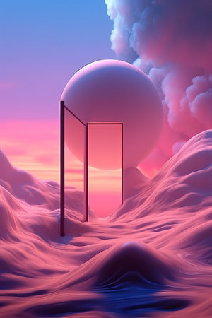 Scene from science fiction. Futuristic concept. Unreal world. Glass door open, thick white clouds. Galactic stones. Red sky, milky planet. Epic fantasy and mysticism. Contrasts, sharp bluish shadows.の素材