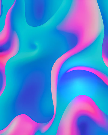 Abstract neon concept. Futuristic idea with waves. Imitation of the texture of neon moving mass. Depth of space. Neon ultramarine blue, turquoise, pink and indigo color. Psychedelic. Digital art.の素材