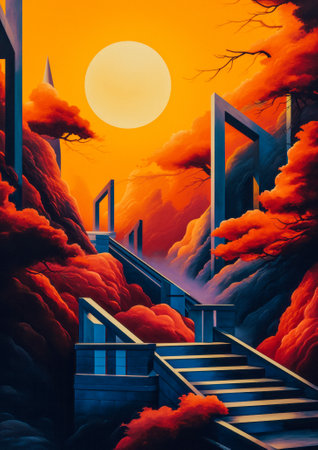 Japanese fairy tale. Virtual landscape. Stairs, rectangular frames. Reddish rocks and unusual trees. Mountains in the distance. Circle radiant sunlight. Warm orange tones, strong shadows, contrasts.の素材
