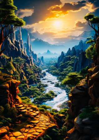 Fairy tale landscape. River with high mountain peaks, stone road. Sunrise or sunset, white puffy clouds. A scene from a fairy tale or a movie. A magical futuristic fantasy world. A mystical concept.の素材