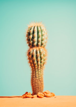 A simple natural concept. Abstract cactus as decoration. A vertical cactus grows from a pile of stones. A prickly plant. The background is mint blue. Simplicity. An abstract idea. Pastel, exotic deco.の素材