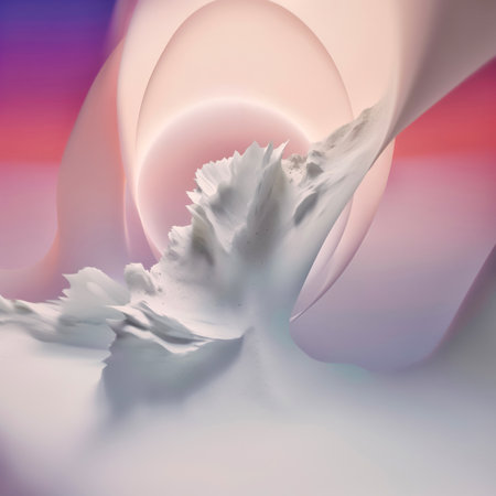 An unusual abstract scene. A drop of milk spills into a milky explosion. A background of several flashes of light. Bright colors, violets and cyclamen. Whiteness. Milk ring. Sharp edges of scattering.の素材