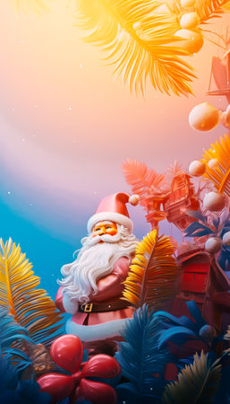 An unusual New Year's concept. A combination of New Year's and tropical. Santa Claus in pastel pink shimmering tones. Pastel palm leaves, glittery pink balls, snow globes. Colorful sky in gradient.の素材
