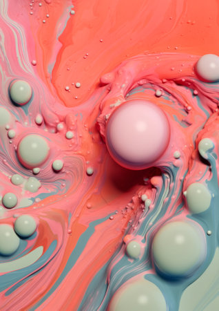 Abstract futuristic idea. Colored balls of different sizes. An artistic flat lay. Colors change and mix. An interweaving of mint green, apricot, coral and emerald. Streams of color. Fantasy artwork.の素材