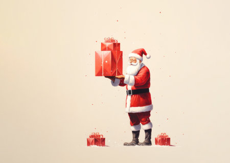 New Year and Christmas concept. Santa Claus is handing out presents. Neutral beige background. Little red gifts. Copy space. A holiday festive idea.の素材