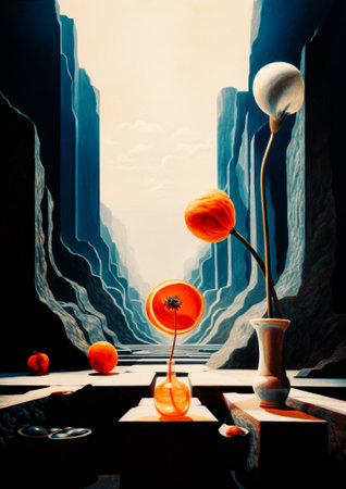 Abstract futuristic concept. An abstract imaginary space. Orange glass bottle, unusual architecture. Abstract orange balls as flowers. Depth of space, perspective view. Blue rocks and orange details.の素材