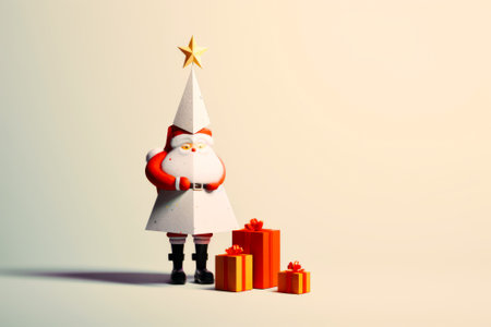 New Year and Christmas concept. Abstract Santa Claus gives gifts. A costume made of geometric shapes, a star on the cap. Neutral beige background. Little red gifts. Festive holiday idea.の素材