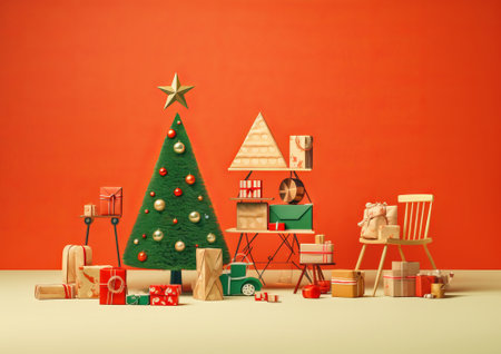 New Year and Christmas concept. Festive cartoon scene. Cheerful red background and golden gifts, toys. Christmas tree decorated with small balls. A combination of green, ocher, red and gold elements.の素材