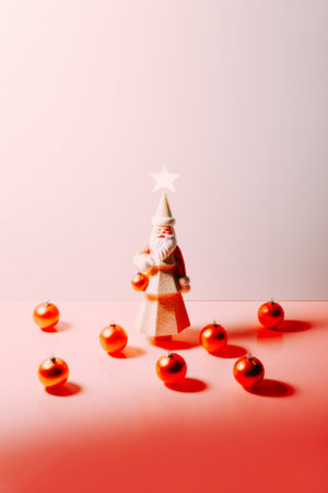 New Year and Christmas concept. Abstract Santa Claus. Christmas decorative toy. Santa Claus, a star on a cap and a Christmas tree. Pastel red background. Small metallic balls. Festive decoration.の素材