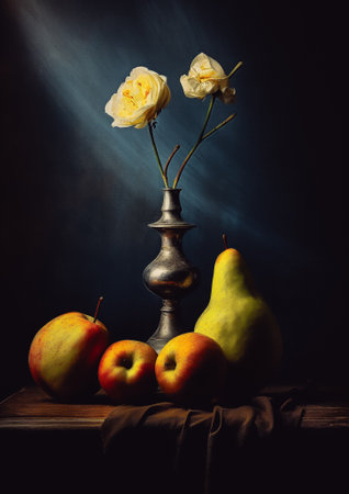 Still life. A rustic metal vase with an unusual shape. There are two blooming white roses in the vase. Pears and apples. A wooden table and a brown sheet. Dull blue drapery as a background. Rustic.の素材