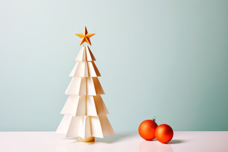 New Year and Christmas concept. Abstract Christmas tree with a golden star on top. Decoration of geometric shapes. Origami white paper Christmas tree. Red balls. Festive decoration.の素材