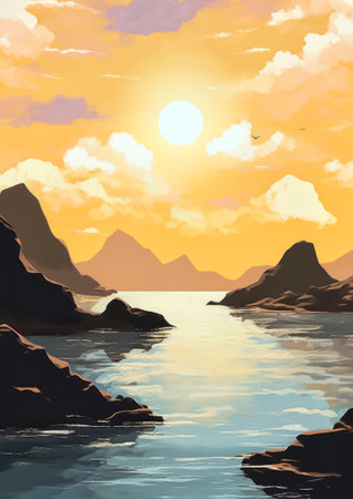 Natural concept. Landscape. View of the mountains in the distance and the river. Sunshine on the water. A nice sunny day in nature. Rocks emerge from the water. Vanilla yellow sky with fluffy clouds.の素材