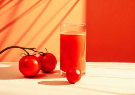 Food concept. A minimalist idea. Tomato juice in a glass. Ripe and juicy tomatoes as decoration. Simple idea, reduced lines, simplicity. Warm orange tones. Vegetarian drink. The idea of a healthy lifeの素材