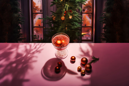 Traditional New Year and Christmas concept. Warm ambient lighting. Burgundy tones. A glass of wine. New Year's tree. Orange lighting. Table surface, shadows. Glitter balls. Indoor holiday atmosphere.の素材