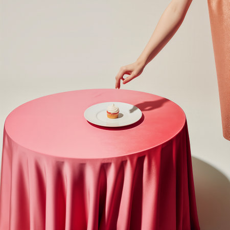 A scene from everyday life. Minimalist concept. Round table and burgundy satin tablecloth. A white plate with a cake on it. French muffin. Half of a woman's body in a dress. The hand takes the cake.の素材