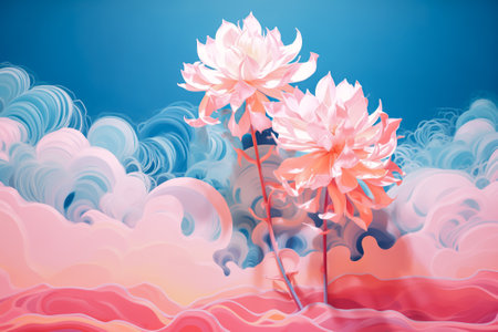 Soft pastel floral concept. Artificial intelligence and nature. Soft pink flowers. Bright blue abstract sky. Pink sparkling waves. Collage composition. Watercolor cobweb effect.の素材