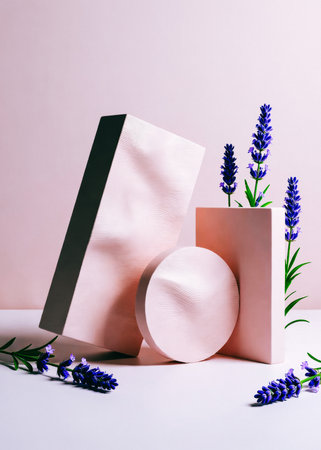 Elegant cosmetic or beauty product mockup scene featuring abstract geometric shapes in pink and black with textured wave patterns, purple lavender flowers and clean podium platforms. Perfect for natural skincare, aromatherapy, spa and luxury beauty brand presentation with contemporary minimalist aesthetic.の素材