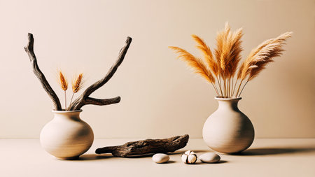 Elegant minimalist composition featuring two handcrafted ceramic vases with dried pampas grass, wheat stalks, and natural driftwood pieces arranged on a clean surface. The warm, neutral color palette and soft lighting create a serene, contemporary aesthetic perfect for modern interior design and home decor concepts.の素材