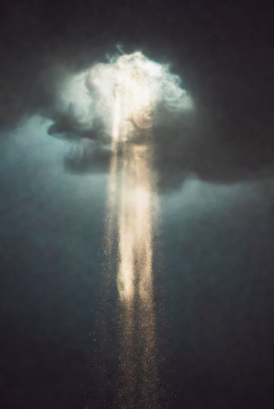 A dramatic scene where a concentrated golden beam of light breaks through a dense, dark cloud and illuminates a cascade of mist and suspended particles. The volumetric shaft creates a luminous stream that contrasts sharply with the surrounding shadow, producing an ethereal, almost celestial atmosphere. Fine particles and vapor catch the warm glow as they descend, giving the composition a cinematic, otherworldly quality ideal for editorial, conceptual, and atmospheric design work.の素材