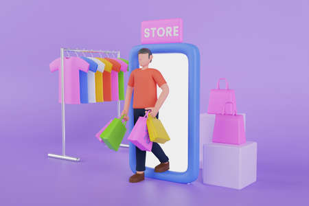 Shopping banner with location store, cart, gifts, market bags in 3d realistic style. Online shopping 3D Illustrationの写真素材