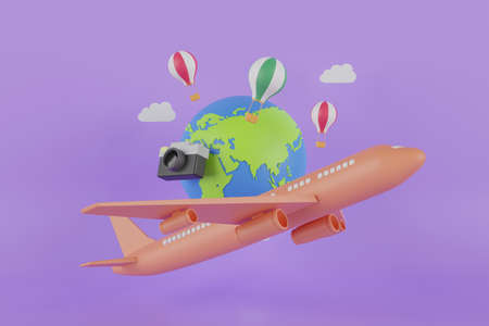 Airplane flying over the globe icon. 3D rendering globe. Travel concept 3d illustration. Travel by...