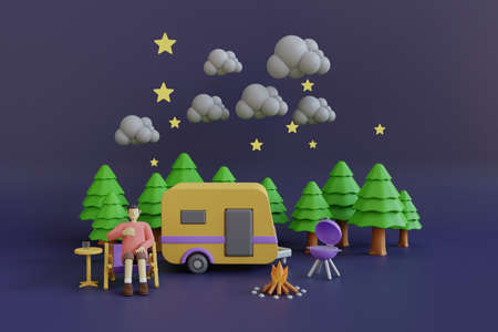 A yellow motorhome in a pine forest surrounded by clouds and stars.Travel and camping concept.3d render.の写真素材