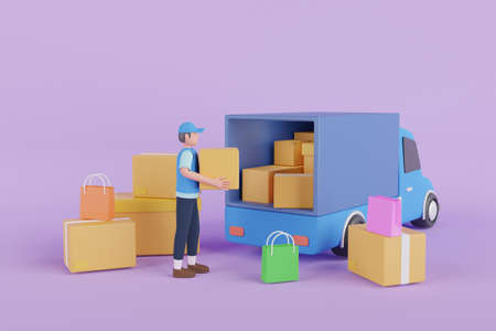 3d Courier service Delivery. Delivery man and boxes. Courier or delivery service. Men characters with parcels packages boxes.3d renderingの写真素材