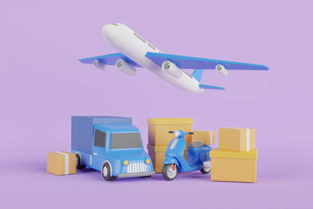 3d rendering of fast delivery service by truck, scooter, airplane. Airplane and truck with cardboard boxes. Courier service Delivery.の写真素材