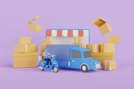 3d Transportation shipment delivery by truck , scooter. Delivery service and cardboard box. 3d...