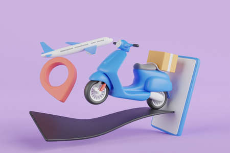 3d Delivery service and cardboard box with red location pin, global logistic. Airplane and truck with cardboard boxes. 3d rendering.の写真素材