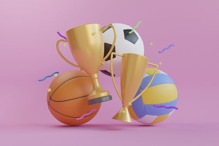 3D Champion different types of sport balls used in the sports of basketball, soccer, volleyball. sports ball concept design. banner trophy sports ball.3d renderingの写真素材