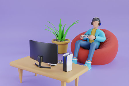 3D  man playing game in sofa. Cartoon character man on red bag armchair play video game. plays video games on the computer. 3d illustration.の写真素材