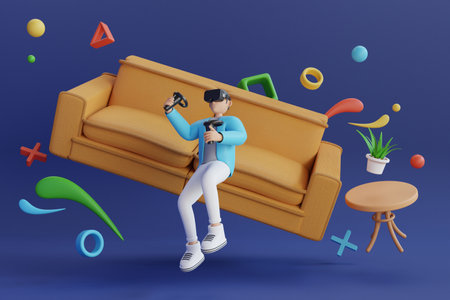 3d man wearing virtual reality headset and playing game. wearing virtual reality glasses and floating in the air playing a video game. 3d renderingの写真素材