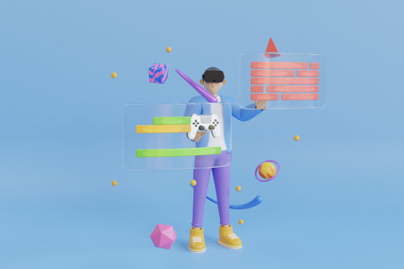 3D Virtual reality headset and controllers for gaming. Metaverse technology concept. 3D cartoon character man wearing virtual reality glasses and floating in the air playing a gameの写真素材