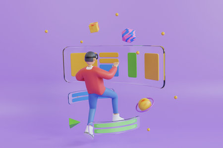3D Man wearing technology and touching virtual reality in house, Metaverse, Into the future, game, VR. touching virtual reality enter the virtual world, Metaverse, Into the futureの写真素材
