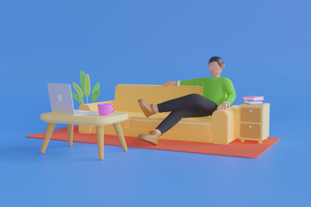 3d movie, watching video. watching a video on a laptop. online cinema, video and film streaming with device at home concept. 3d renderingの写真素材