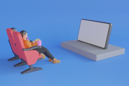 watching online movie home entertainment. Smartphone with white screen, Cinema chairs, Popcorn and Cola on blue background. Online cinema, movie from home concept. 3d renderingの写真素材