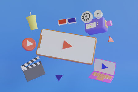 Watching movies cinema online Entertainment media on smartphone. Multimedia application service.Online cinema, movie from home concept. 3d renderingの写真素材